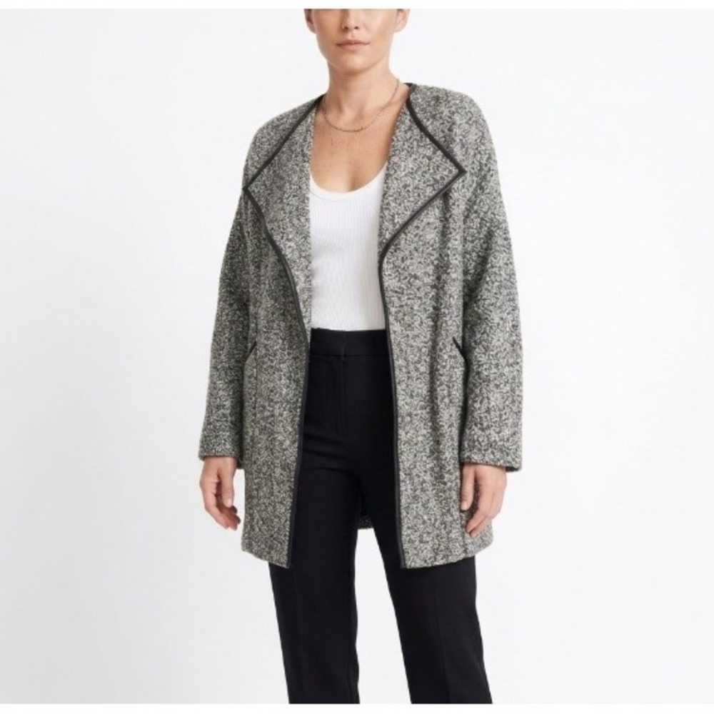 New Zara Medium Gray Marled Knit Long‎ Coat With Vegan Leather Piping